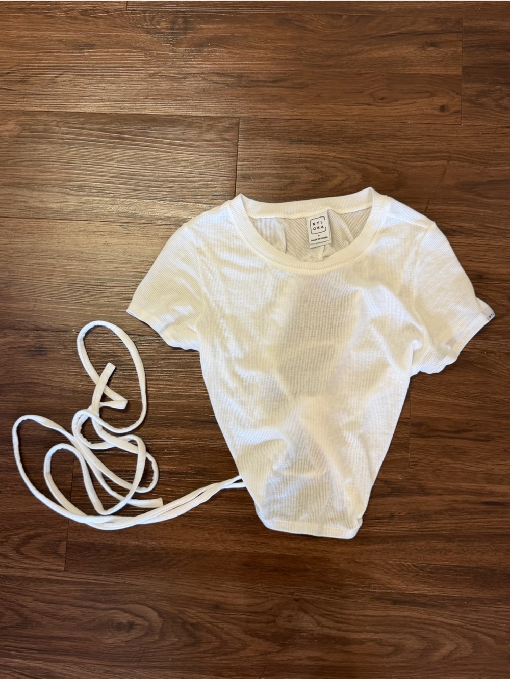 NYLORA White Ribbed Crop Top with Wrap Ties